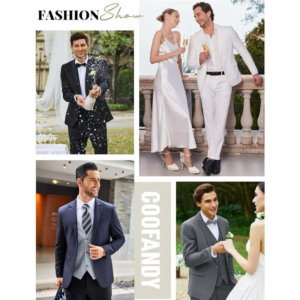 Men's Black ( Plaid ) 2 Piece Suits Slim Fit 2 Button Business Wedding Party - Picture 4 of 5